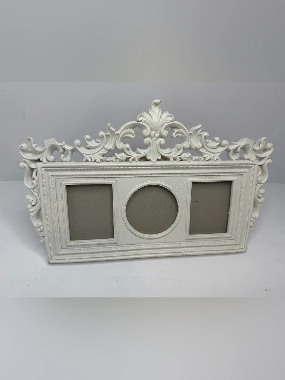 White Resin 3-Photo Frame Ornate Scroll Top 13371-WH Vintage Shabby Chic